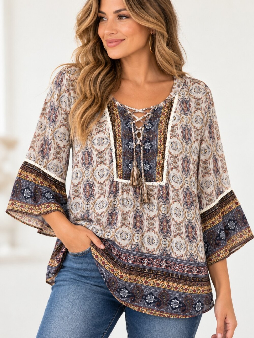 Artesia XL Boho Paisley Peasant Blouse Tassel Tie Bell Sleeve Border Print